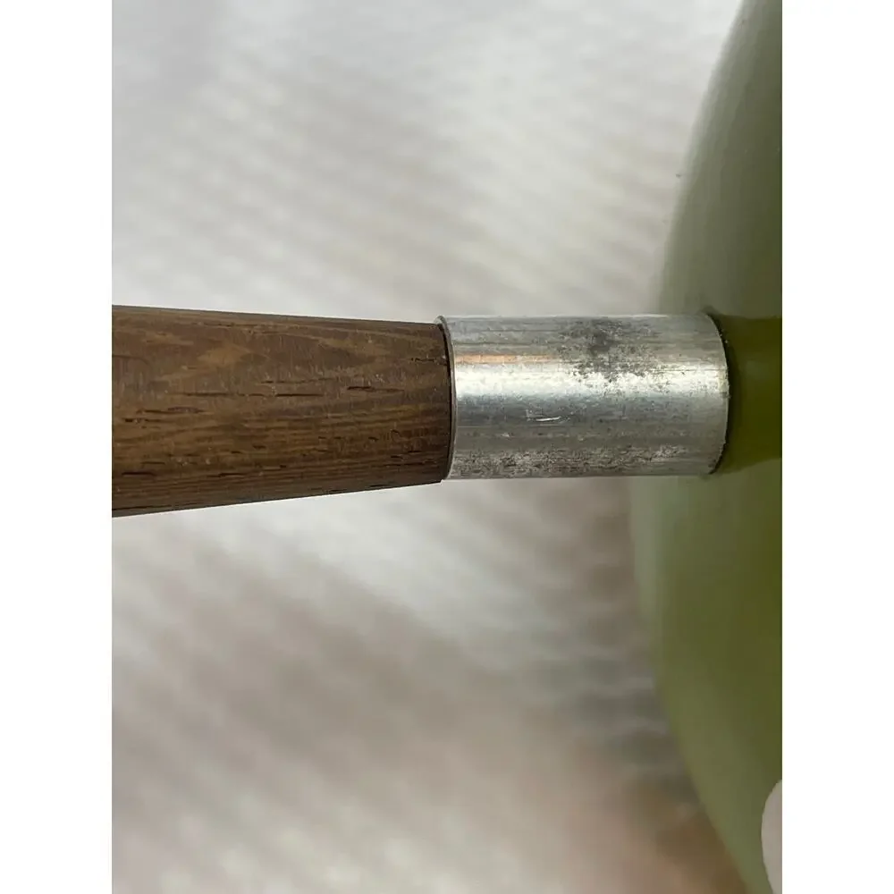 Mid Century Modern Green Circle Enamel Fondue Sauce Pot with Wood Handle & Lid
